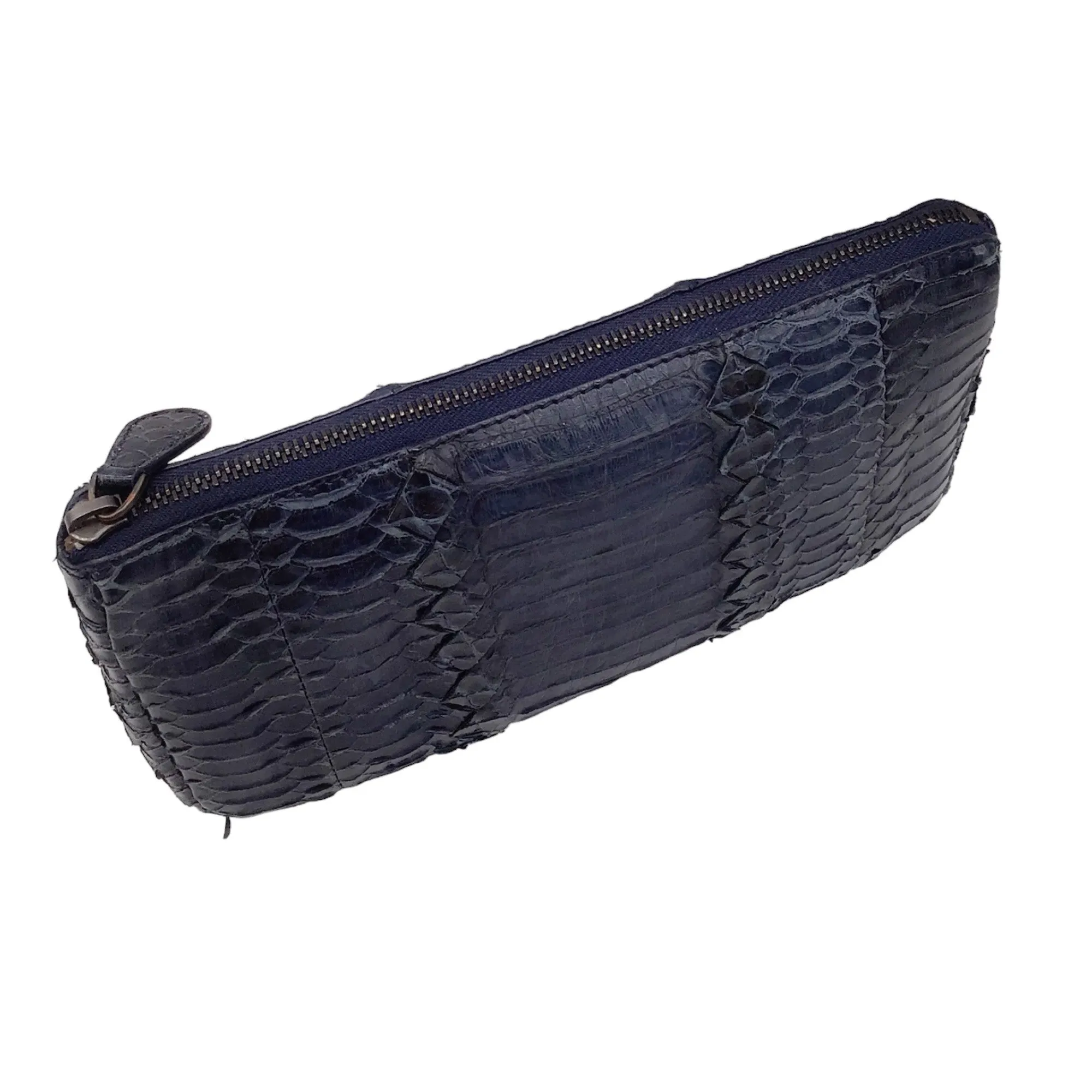 Bottega Veneta Navy Blue Python Skin Leather Zip Pouch Bag