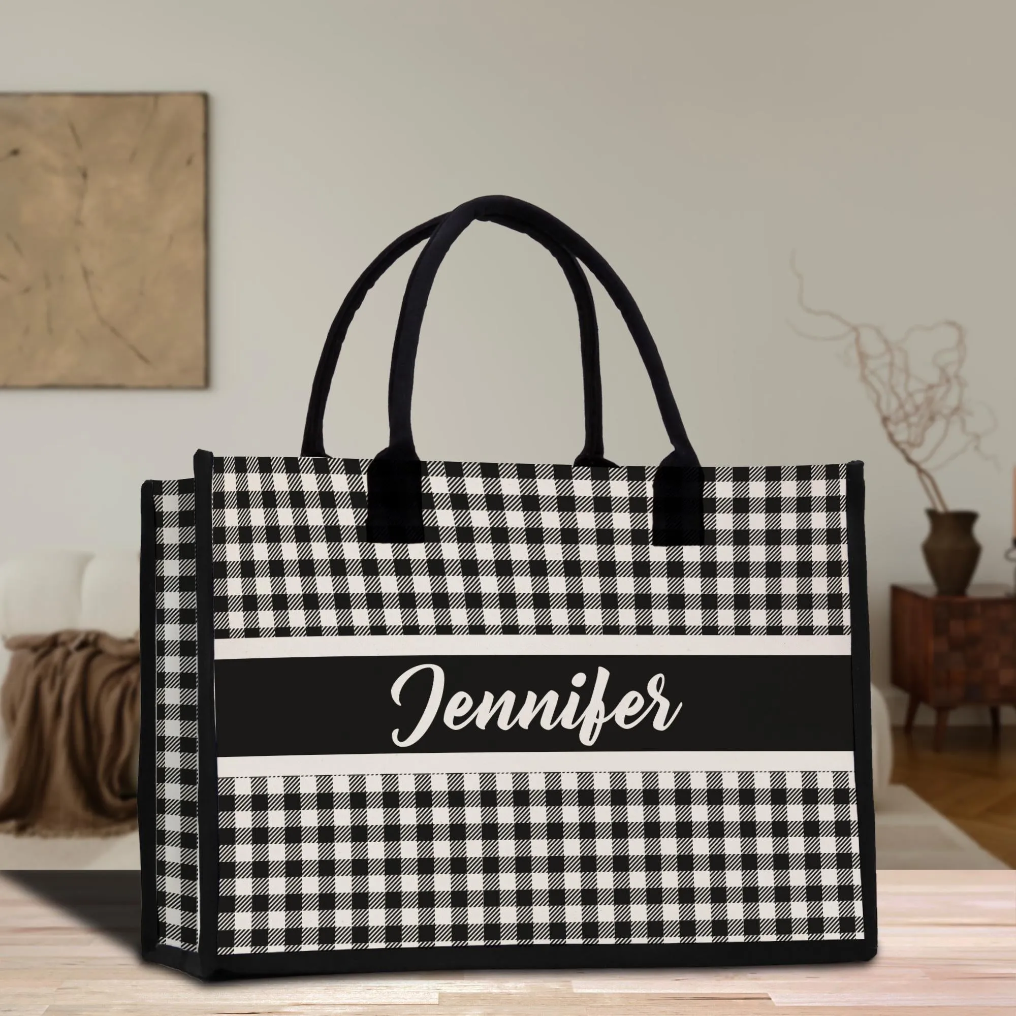 Custom Name Cotton Canvas Tote Bag Personalized Chic Pattern Tote Christmas Gift Bridesmaid Bag Premium Custom Tote Bag (PNTB1003)