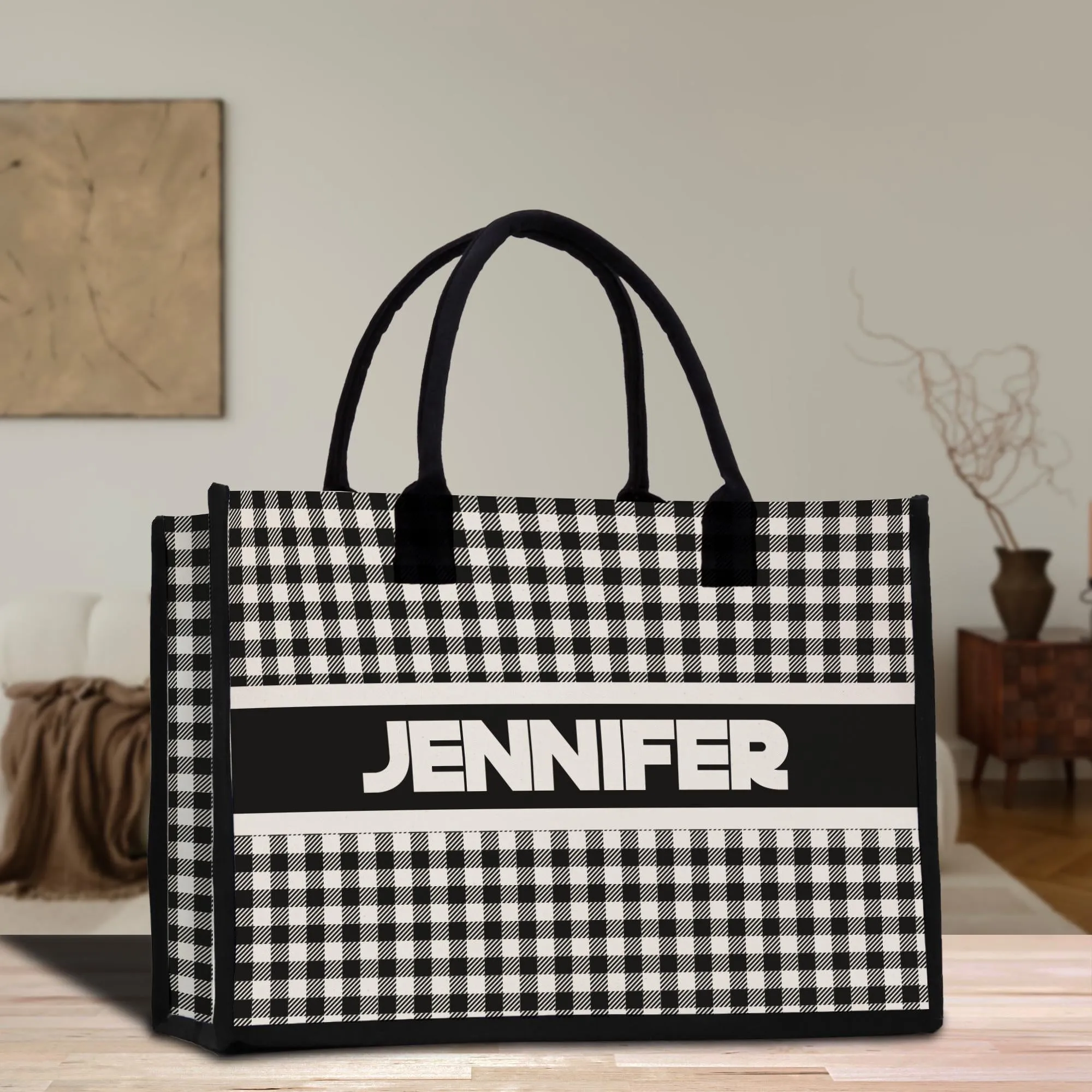 Custom Name Cotton Canvas Tote Bag Personalized Chic Pattern Tote Christmas Gift Bridesmaid Bag Premium Custom Tote Bag (PNTB1003)