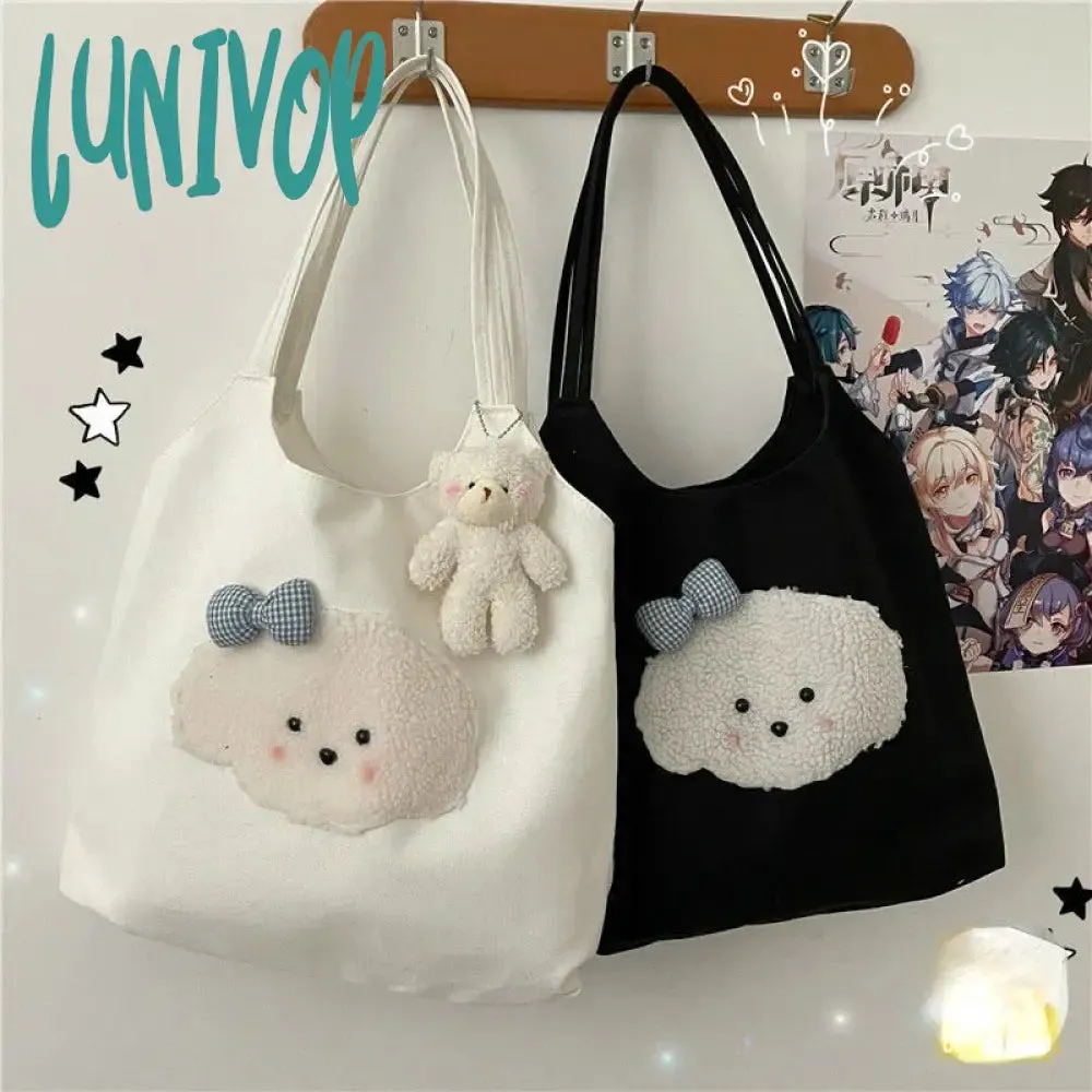 Lunivop Cute Patch Handbags for Women Sweet Kawaii Large Capacity Canvas Tote Bag Fashion Korean Style Underarm Shoulder Bag