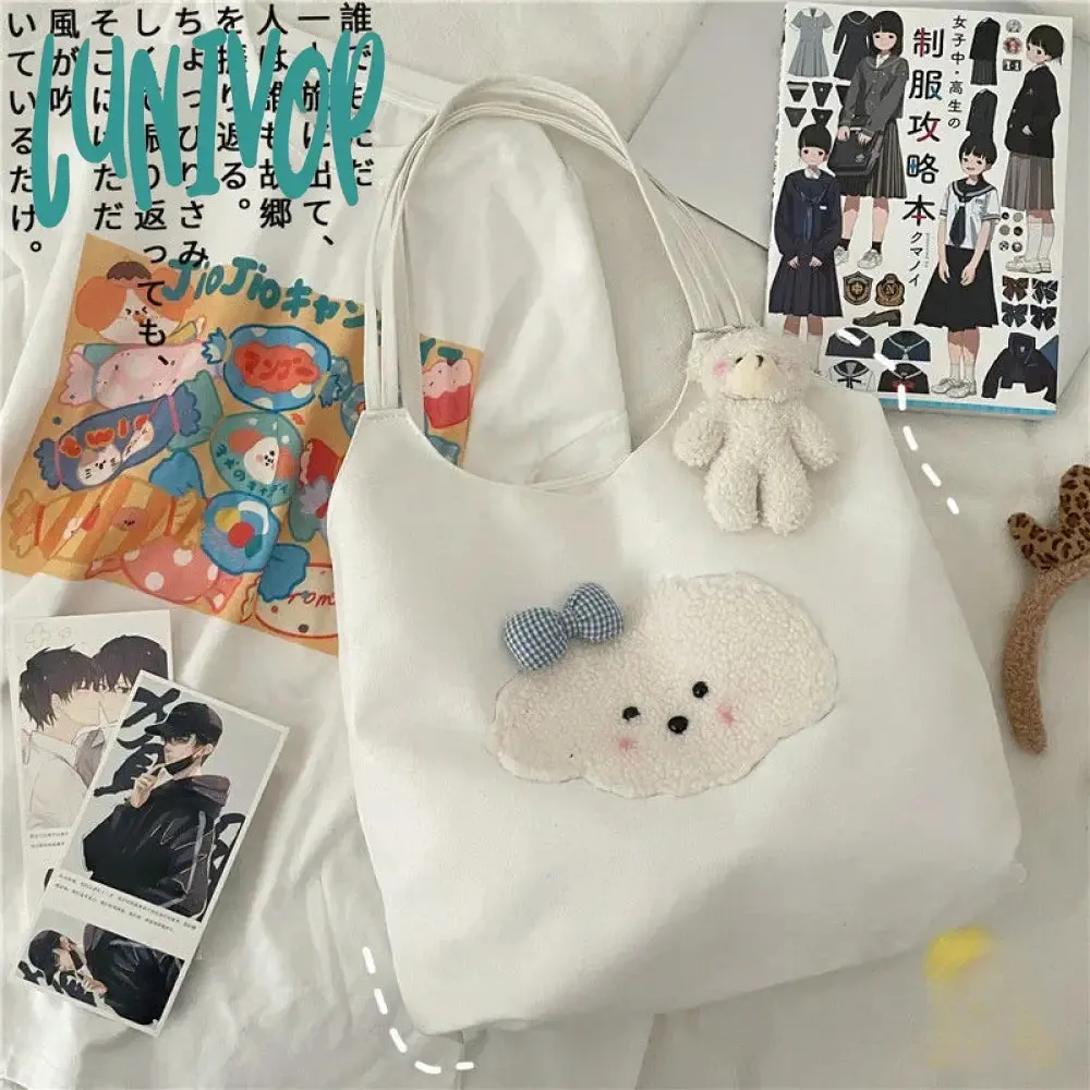Lunivop Cute Patch Handbags for Women Sweet Kawaii Large Capacity Canvas Tote Bag Fashion Korean Style Underarm Shoulder Bag