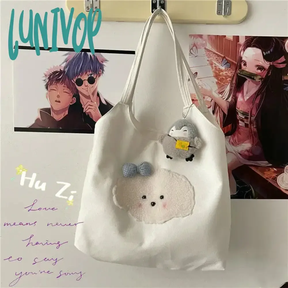Lunivop Cute Patch Handbags for Women Sweet Kawaii Large Capacity Canvas Tote Bag Fashion Korean Style Underarm Shoulder Bag