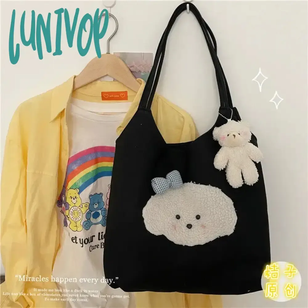 Lunivop Cute Patch Handbags for Women Sweet Kawaii Large Capacity Canvas Tote Bag Fashion Korean Style Underarm Shoulder Bag