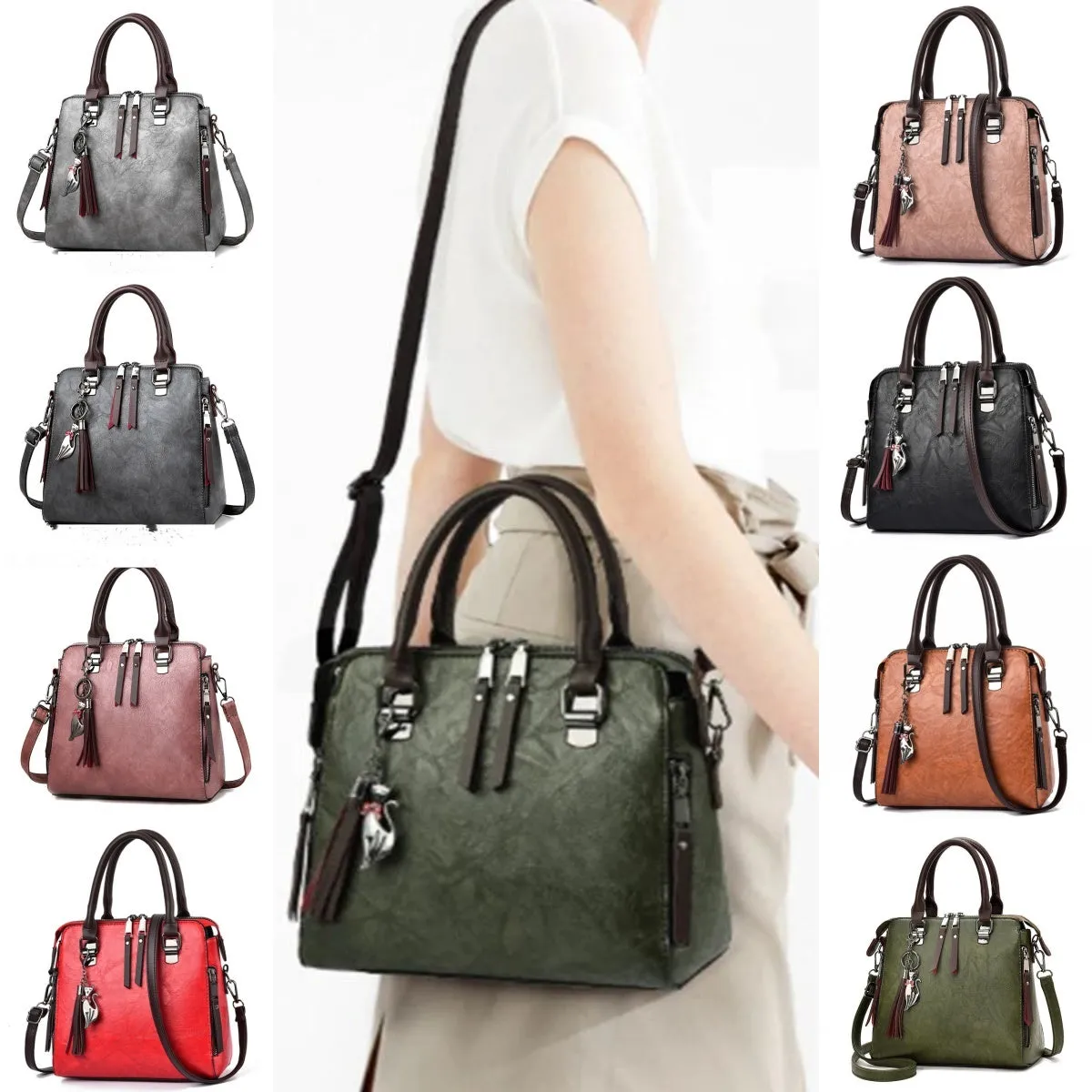 Sophie  Vintage Handtasche aus veganem Leder mit Fransen und Obergriff