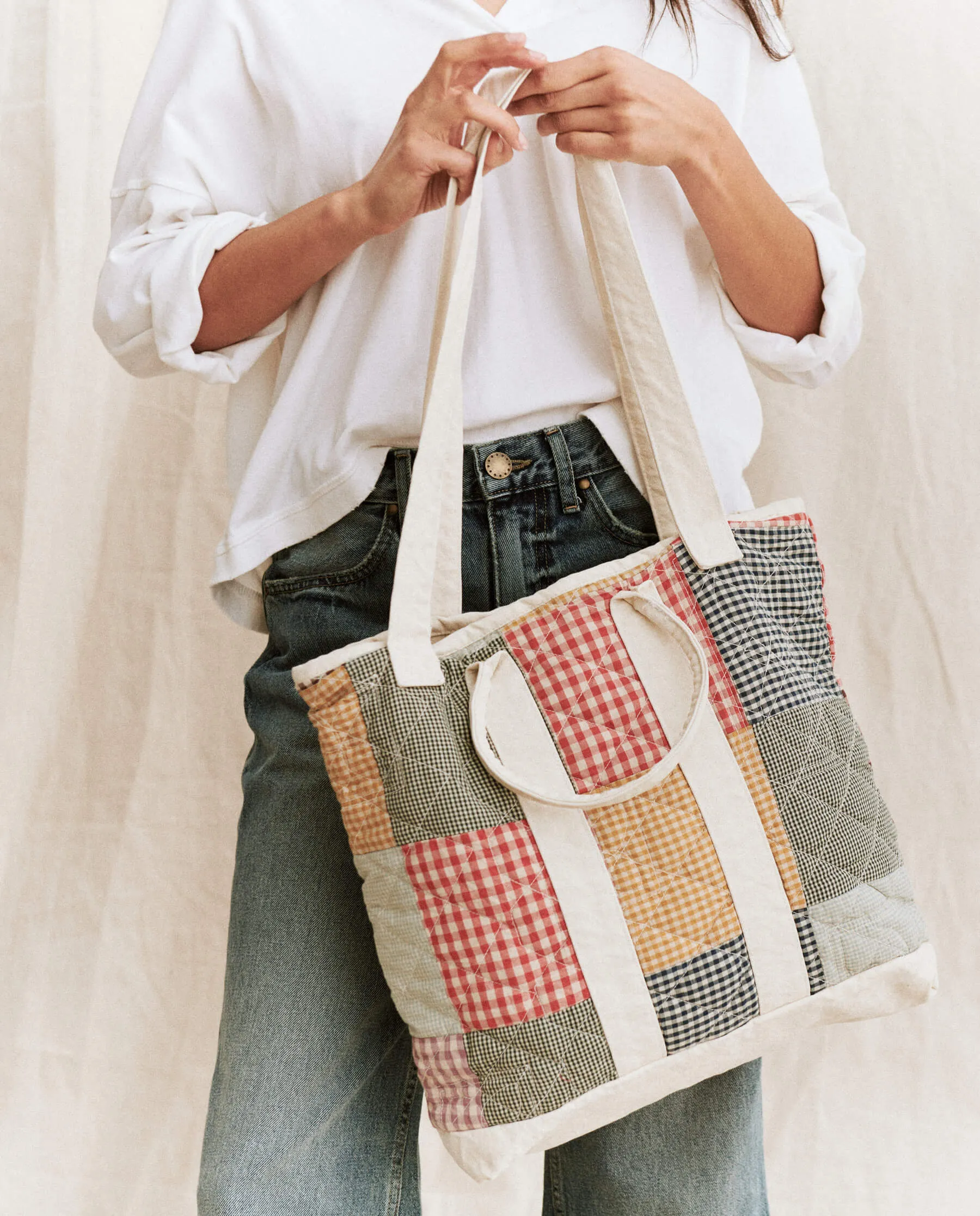 The Smaller Quilted Tote. -- Cream with Multi Gingham