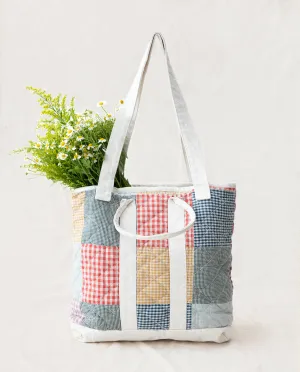 The Smaller Quilted Tote. -- Cream with Multi Gingham