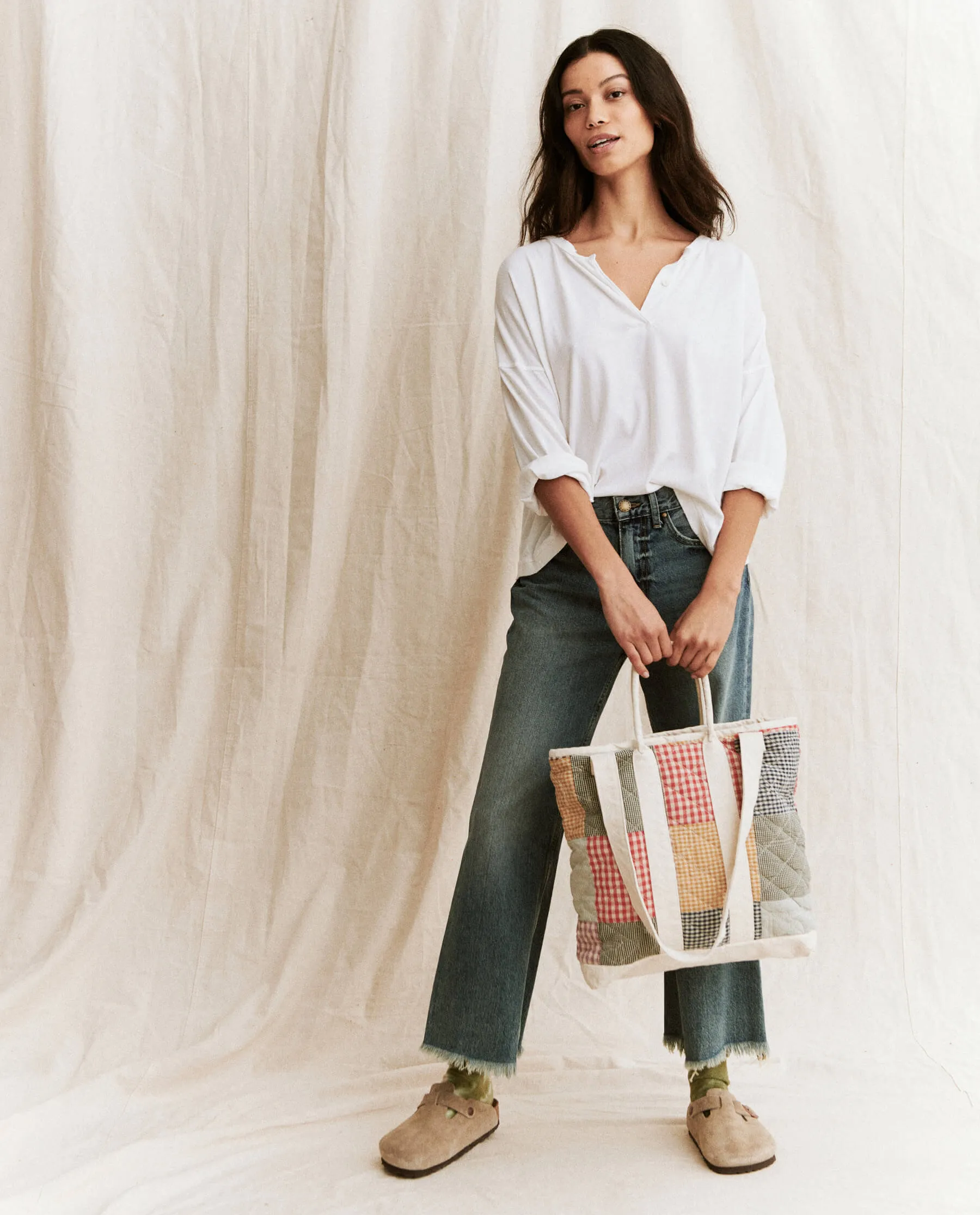 The Smaller Quilted Tote. -- Cream with Multi Gingham